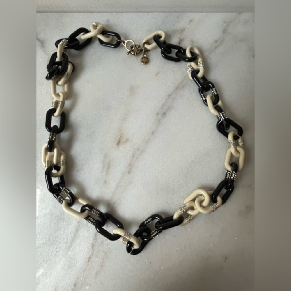 Signed J CREW Goldtone White Black Rhinestones Large Chain Shape 30" Necklace